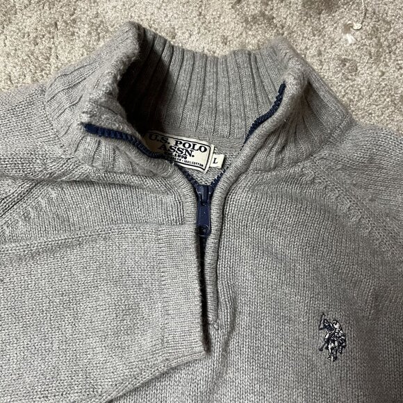 U.S. Polo Assn. Gray Knit Half-Zip Sweater Sz L 100% Cotton Mens Casual Pullover - Picture 2 of 7